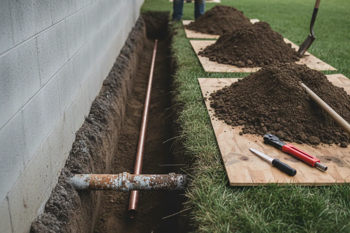 Excavated water line trench during Sewer Line Repair in Pavo